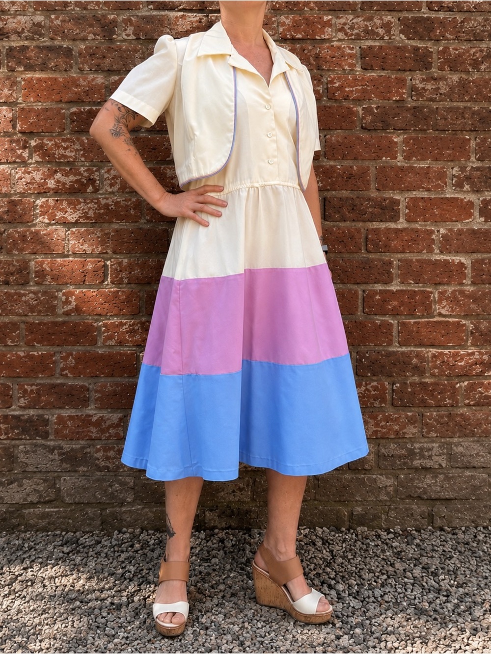 70s Handmade Halter Midi Dress Jacket Set M Pastel Colorblock Mod Vintage Retro